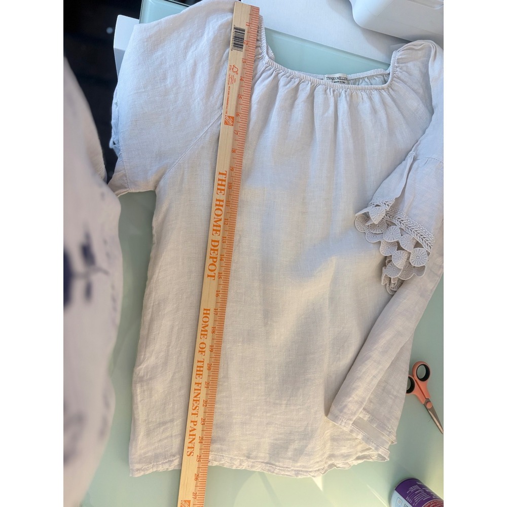 Terzo Millennio Blouse 100% Linen Crochet Lace Trim Boho Made in Italy L - Picture 8 of 9